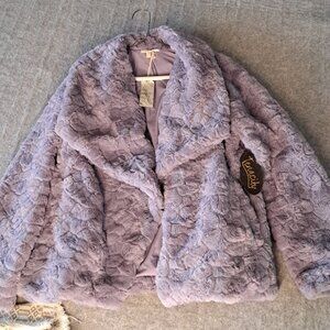 NWT $69 Mystree Big Lapel Faux Fur Jacket, Lavender Sz S